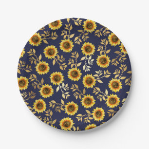 Assiettes En Carton Sunny Yellow Gold Navy Feuille Motif