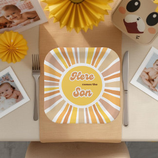 Assiettes En Carton Sunshine Baby Shower Boho Retro Yellow Sunshine