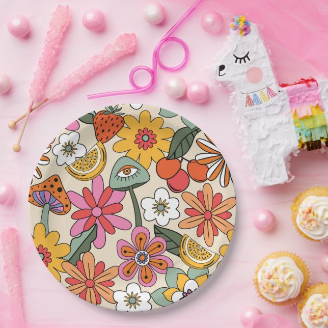 Assiettes En Carton Super des années 70, orange, rose et vert (Fête)