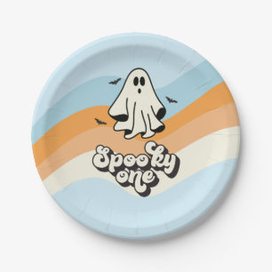 Assiettes En Carton super Ghost retro Halloween Éffrayant One Blue