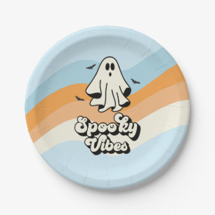 Assiettes En Carton super Ghost retro Halloween Éffrayant Vibes Bleues