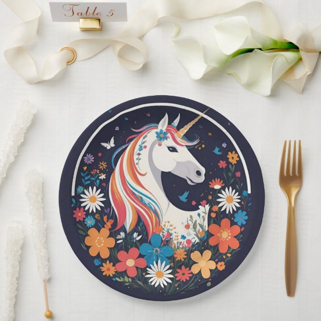 Assiettes En Carton Superbe licorne et fleurs sur la marine (Mariage)