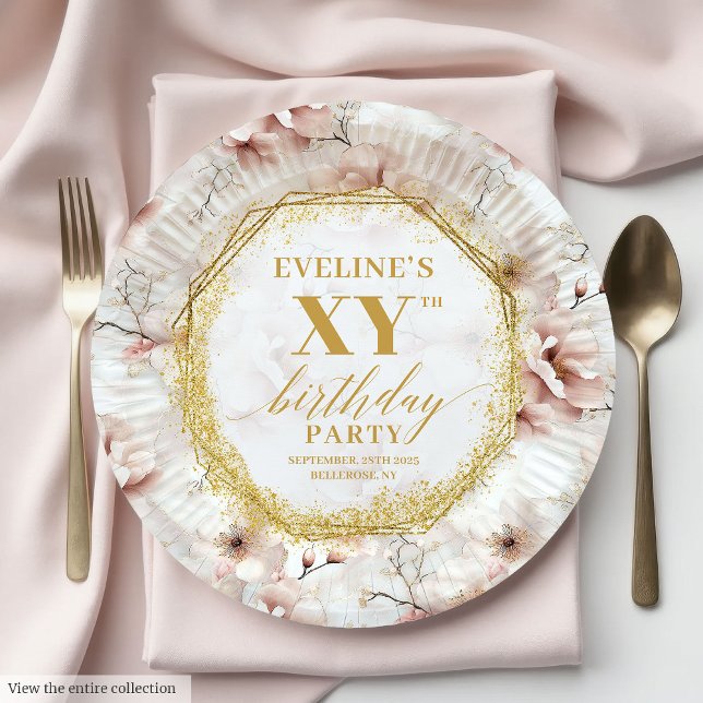Assiettes En Carton Superbes Plaques de papier d'anniversaire en or fl (Gorgeous Blush Floral Gold Birthday Paper Plates)