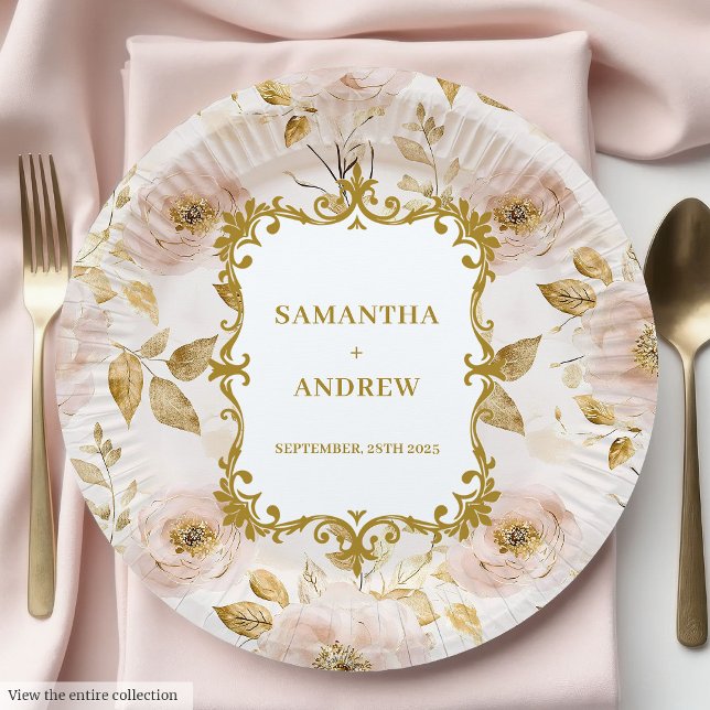 Assiettes En Carton Superbes Plaques de papier Mariage en or de Bleu (Gorgeous Blush Gold Wedding Paper Plates)
