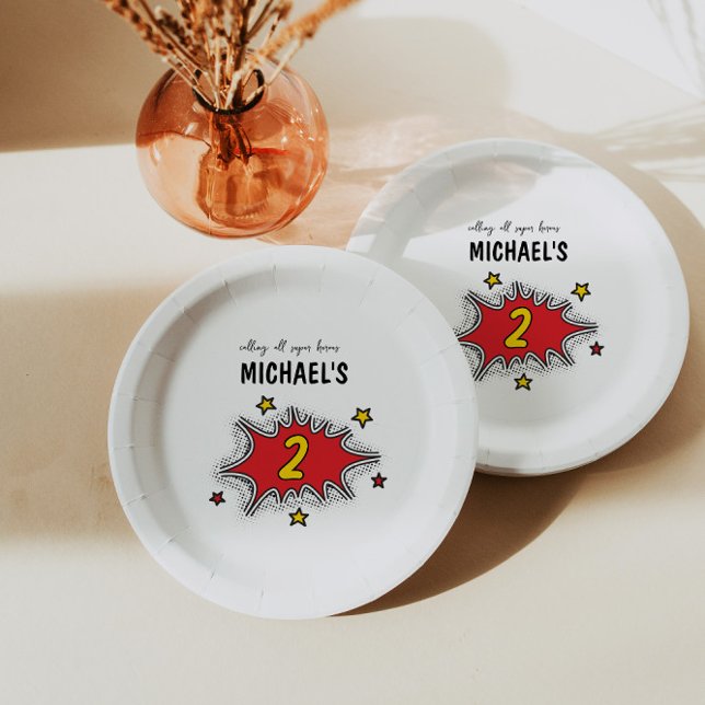 Assiettes En Carton Superhero dynamique 2e anniversaire (Créateur téléchargé)