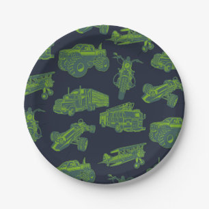 Assiettes En Carton Sur le bleu et le vert en mouvement Véhicules Voit