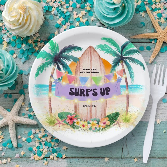 Assiettes En Carton Surf et mer | Surf Haut Plage tropicale Anniversai (Créateur téléchargé)
