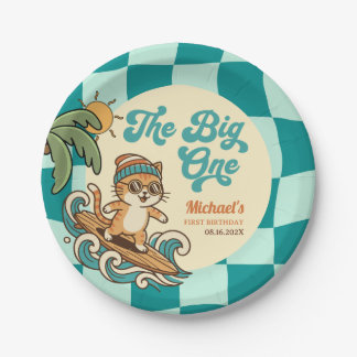 Assiettes En Carton Surfer Cat Retro 1st Beach Birthday Party