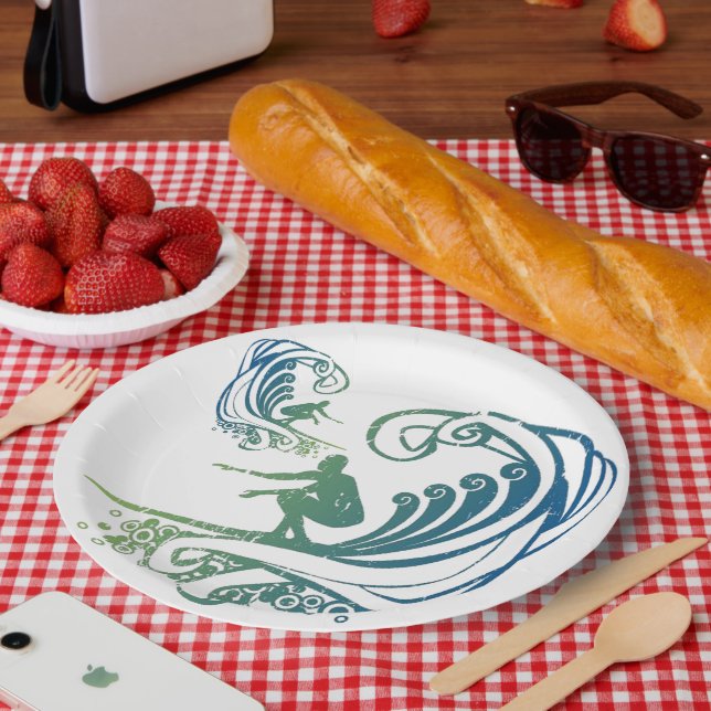 Assiettes En Carton Surfer cool Riding Turquoise Blue Ocean Waves (Pique-nique)