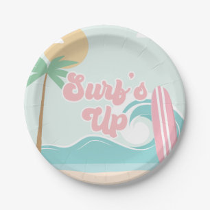 Assiettes En Carton Surfs Up Pink Beach Plaques de papier d'anniversai