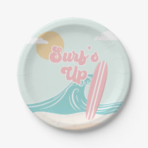Assiettes En Carton Surfs Up Pink Beach Plaques de papier d'anniversai