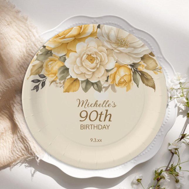 Assiettes En Carton Surprise Florale Crème Ivoire Jaune Élégant 90ème (Yellow and cream floral 90th birthday party paper plates)