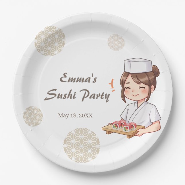 Assiettes En Carton Sushi Birthday Party Invitation with Cute Anime  (Devant)