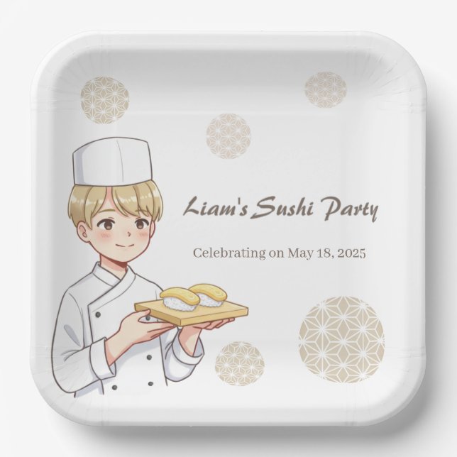 Assiettes En Carton Sushi Birthday Party Invitation with Cute Anime  (Recto)