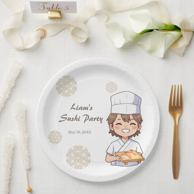 Assiettes En Carton Sushi Birthday Party Invitation with Cute Anime  (Mariage)