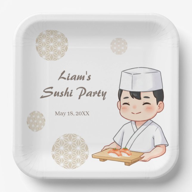 Assiettes En Carton Sushi Birthday Party Invitation with Cute Anime  (Recto)
