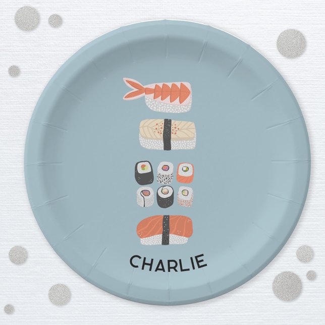 Assiettes En Carton Sushi japonais personnalisé (Personalized name fun Japanese sushi food art paper party plate)