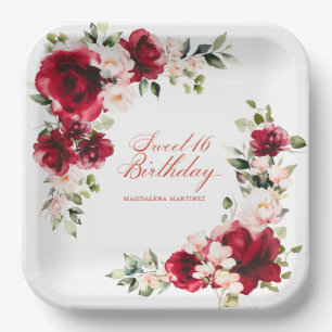 Assiettes En Carton Sweet 16 Anniversaire Fête Rouge Rose Floral Perso