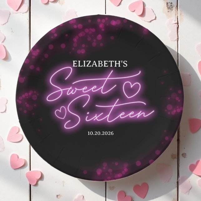 Assiettes En Carton Sweet 16 Anniversaire Hot rose Neon Fête Foncé (Créateur téléchargé)
