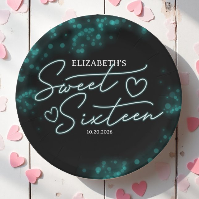 Assiettes En Carton Sweet 16 Anniversaire Turquoise Neon Glow Dark Par (Créateur téléchargé)