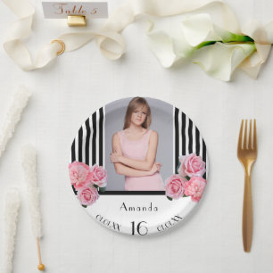 Assiettes En Carton Sweet 16 ans noir blanc rayures photo florale
