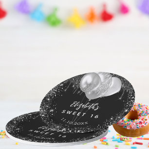 Assiettes En Carton Sweet 16 argent noir parties scintillant nom ballo
