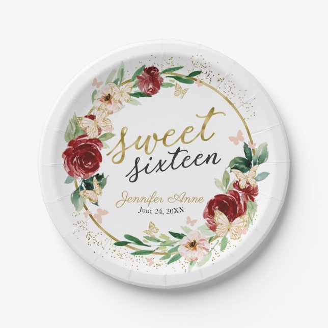 Assiettes En Carton Sweet 16 Beurre floral roux (Devant)