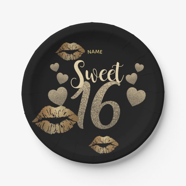 Assiettes En Carton Sweet 16 Black Gold Parties scintillant personnali (Devant)
