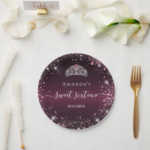 Assiettes En Carton Sweet 16 burgundy rose tiara nom script