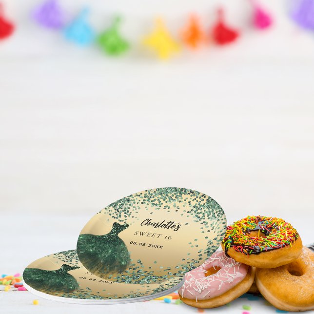 Assiettes En Carton Sweet 16 couleur vert émeraude or (Créateur téléchargé)