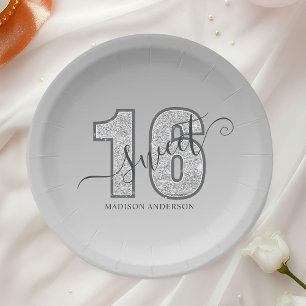 Assiettes En Carton Sweet 16 écriture pailletée argentée