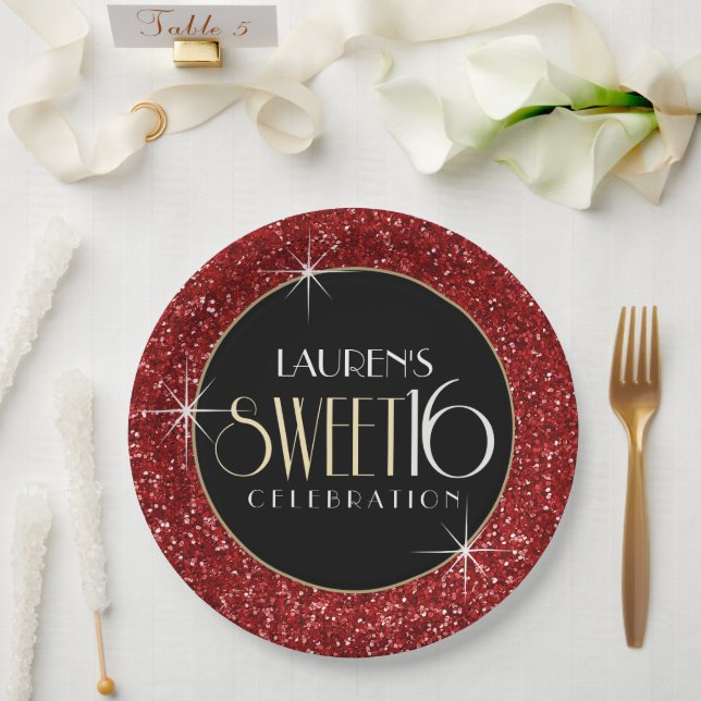 Assiettes En Carton Sweet 16 Faux Parties scintillant rouge (Mariage)