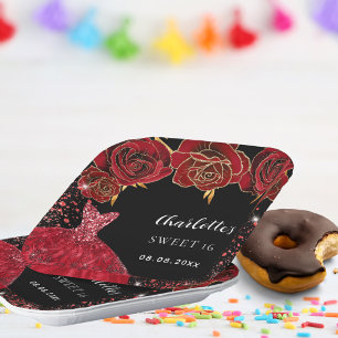 Assiettes En Carton Sweet 16 fleurs de robe rouge noire