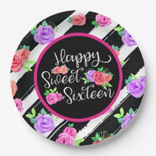 Assiettes En Carton Sweet 16 Girl Edgy Rose & Stripes modernes Anniver