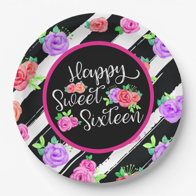 Assiettes En Carton Sweet 16 Girl Edgy Rose & Stripes modernes Anniver (Devant)