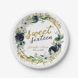 Assiettes En Carton Sweet 16 Marine Bleu papillon floral