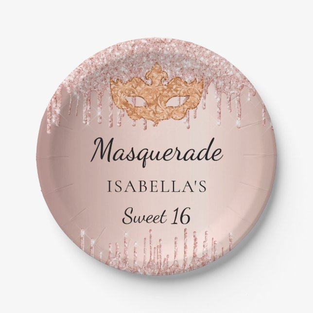 Assiettes En Carton Sweet 16 masquerade rose parties scintillant or  g (Devant)