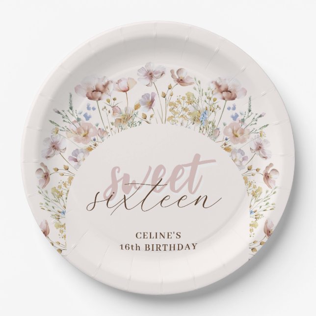 Assiettes En Carton Sweet 16 Meadow Fleurs sauvages Anniversaire (Devant)