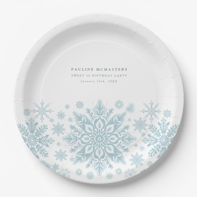 Assiettes En Carton Sweet 16 Party Bleu blanc Snowflake personnalisé (Devant)