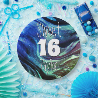 Assiettes En Carton Sweet 16 personnalisé avec marbre vert et bleu
