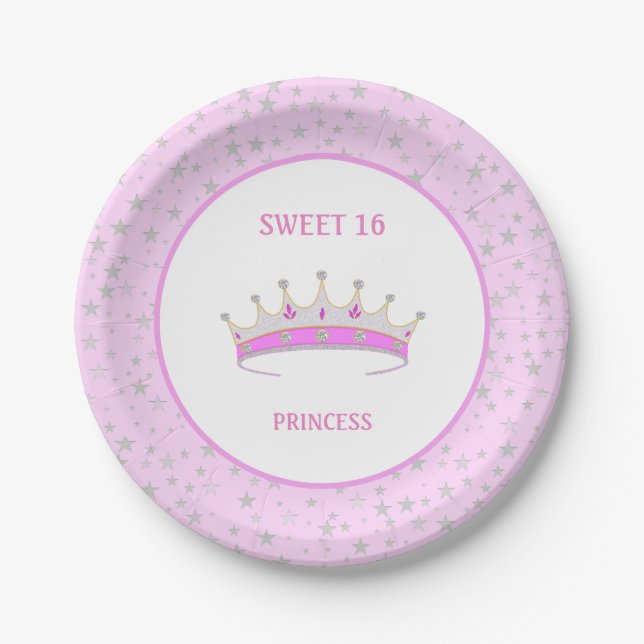 Assiettes En Carton Sweet 16 Princess Tiara & Stars Confetti (Devant)