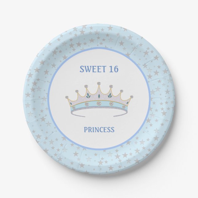 Assiettes En Carton Sweet 16 Princess Tiara & Stars Confetti (Devant)