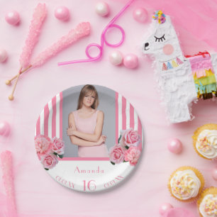 Assiettes En Carton Sweet 16 rayures blanches roses photo florale