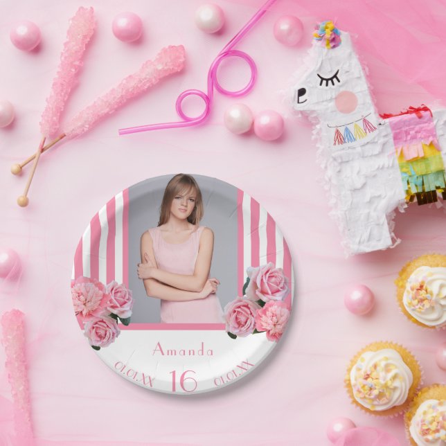 Assiettes En Carton Sweet 16 rayures blanches roses photo florale (Fête)