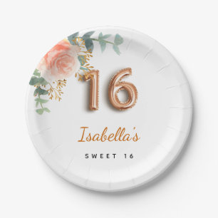 Assiettes En Carton Sweet 16 rose fleuri or eucalyptus monogramme