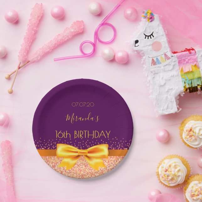 Assiettes En Carton Sweet 16 violet or nom arc (Fête)