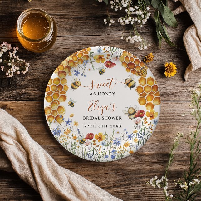 Assiettes En Carton Sweet As Honey Bee Fleur sauvage Fête des mariées  (Sweet As Honey Bee Wildflowers Chic Bridal Shower Paper Plates)