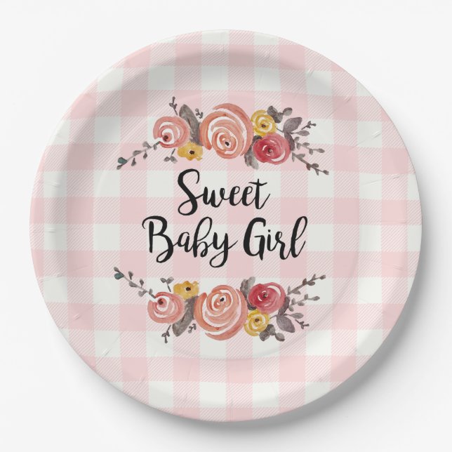 Assiettes En Carton Sweet Baby Girl En vichy Baby shower (Devant)