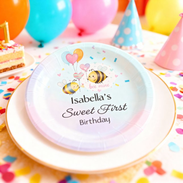 Assiettes En Carton Sweet Bee First Birthday Personalized  (Créateur téléchargé)