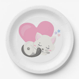Assiettes En Carton Sweet Kitty Chat Dormir avec un grand coeur en arr